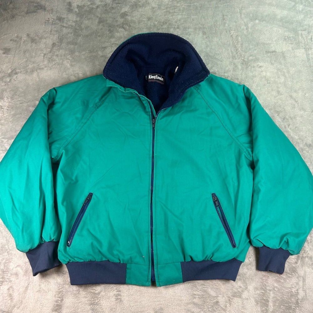 Vintage King Louie Bomber Jacket Mens Large Teal Green Fleece Lined Made in USA